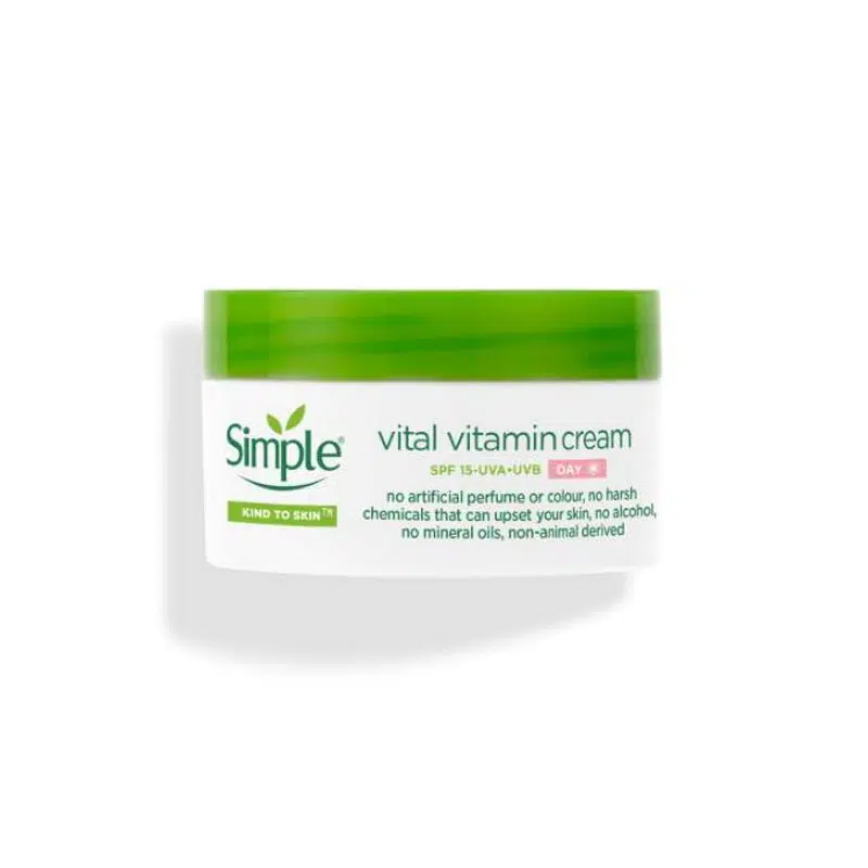 Simple-Kind-to-Skin-Vital-Vitamin-Day-Cream-SPF15 Hydrating Daily Moisturiser with Broad Spectrum Sun Protection Give your skin the daily care it deserves with Simple Kind to Skin Vital Vitamin Day Cream SPF15. This nourishing day cream is enriched with skin-loving ingredients like Pro-Vitamin B5, Vitamin E, Glycerin, and Bisabolol to hydrate and replenish your skin for up to 12 hours—leaving it soft, smooth, and radiant all day long.