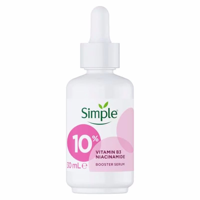 Simple-Niacinamide-Serum-10-Booster-1-Vitamin-B3-30ml Simple Niacinamide Serum 10% Booster 1% Vitamin B3 – 30ml Our Booster Serums are powered by high-performance ingredients which are safe to use on all skin types – yes even sensitive skin! Supercharged with 10% Niacinamide, this multi-tasking booster improves skin barrier strength, tone and texture Product details: Pick a skin care concern – niacinamide will take it on. This powerful all-rounder is so versatile and treats every skin type with kindness (from dry skin to oily and even sensitive skin). Our new Booster Serums contain high-performance ingredients to supercharge your skin care routine for instant, visible results. 10% Niacinamide (vitamin B3) and B5 hydrates, smooths and helps to strengthen and protect your skin barrier, and improve your skin texture. Like all Simple products, our Booster Serum is dermatologically tested, non-comedogenic, contains no harsh chemicals that can upset your skin and is free from alcohol, mineral oils, artificial colours and fragrance. This Simple product is PETA approved vegan. Shake, drop, dab – it’s that simple. After using a cleanser, apply our non-sticky, non-greasy Booster Serum on its own or mix a few drops into your favourite moisturiser for a super-quick skin care boost. Oh, and it’s fab under makeup too. Try cocktailing it with our hydrating 3% Hyaluronic Acid & B5 Booster Serum (add a few drops of each). It’s best not to combine niacinamide with vitamin C, as these two antioxidants are incompatible when used closely together. If you’d like to use both in your skin care routine, we’d recommend using our glowing 10% vitamin C + E + F Serum Booster in the morning and then using our strengthening 10% Niacinamide (Vitamin B3) Booster Serum as part of your nighttime skin care routine. Keep calm and carry on caring for your skin. How to use: Step 1 Shake bottle well. Step 2 Apply in the evening onto cleansed face and neck before or together with your moisturiser. Step 3 Apply a broad-spectrum SPF30 the morning after. For better results, use after Simple 3% Hyaluronic Acid + B5 booster serum. Ingredients: Aqua, Niacinamide, Propanediol, Caprylic/Capric Triglyceride, Glycerin, Panthenol, Tapioca Starch, Coco-Caprylate, Polyglyceryl-6 Distearate, Dicaprylyl Ether, Caprylyl Glycol, Helianthus Annuus Seed Oil, Sclerotium Gum, Phenoxyethanol, Citric Acid, Polyglyceryl-10 Stearate, Sodium Hydroxide, Pantolactone, Tocopherol. Ingredients correct at time of publishing. Always check product packaging.