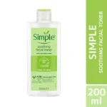 Simple Soothing Facial Toner 200ml Simple Soothing Facial Toner is a gentle, alcohol-free toner designed especially for sensitive skin. It helps to remove any last traces of dirt, makeup, and impurities while balancing and refreshing the skin. Enriched with soothing ingredients like chamomile, witch hazel, and allantoin, it leaves your skin feeling calm, smooth, and revitalized. Free from artificial perfumes, colors, and harsh chemicals, this toner is perfect for everyday use. Benefits Alcohol-free, non-irritating formula Gently tones and refreshes the skin Soothes sensitive and delicate skin Helps maintain the skin’s natural pH balance Removes residual impurities after cleansing Leaves skin feeling soft, clean, and fresh Dermatologically tested and approved No artificial perfume, no artificial color, no harsh chemicals Ingredients Aqua (Water), Hamamelis Virginiana Water (Witch Hazel), PEG-40 Hydrogenated Castor Oil, Glycerin, Panthenol, Chamomilla Recutita Flower Extract (Chamomile), Allantoin, Potassium Phosphate, Disodium EDTA, Sodium Phosphate, Citric Acid, Sodium Hydroxide, Phenoxyethanol, Methylparaben, 2-Bromo-2-Nitropropane-1,3-Diol How to Use Cleanse your face thoroughly with a gentle facial cleanser. Apply a small amount of Simple Soothing Facial Toner onto a cotton pad. Gently wipe the cotton pad all over your face and neck, avoiding the delicate eye area. Let it absorb naturally — no rinsing required. Follow with moisturizer to keep your skin hydrated. Simple Soothing Facial Toner 200ml ( India )