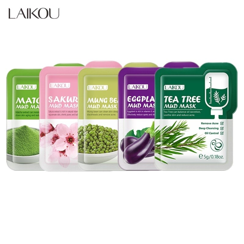 Laikou Mud Mask -5 Pcs Set ( Matcha, Sakura ,Mung Bean ,Eggplant,Tea Tree )